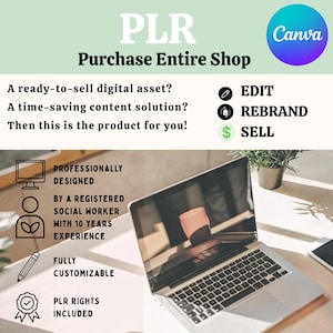 May include: A digital marketing graphic featuring the text PLR Purchase Entire Shop and Canva logo. It lists features including edit, rebrand, and sell, alongside icons for a computer, social worker, pencil, and badge, with a laptop in the foreground.