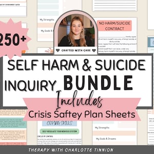 May include: A bundle of self-harm and suicide inquiry sheets, including crisis safety plan sheets. The image features a woman's portrait, a thermometer graphic, and text that reads "250+". The bundle includes coping skills and safety plan templates.