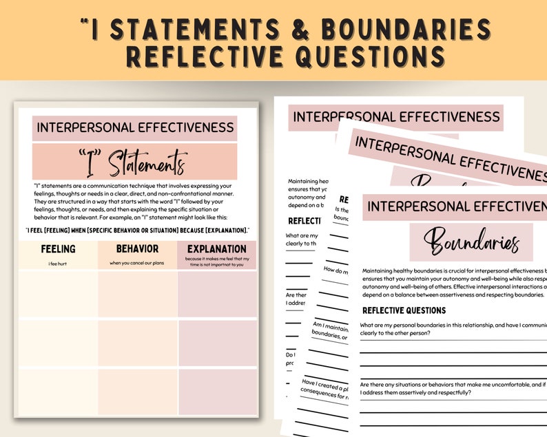 May include: A printable worksheet with pink and white text on a white background. The worksheet is titled "I Statements & Boundaries Reflective Questions" and includes two sections: "I Statements" and "Boundaries". The "I Statements" section includes a table with the headings "Feeling", "Behavior", and "Explanation". The "Boundaries" section includes a list of reflective questions.