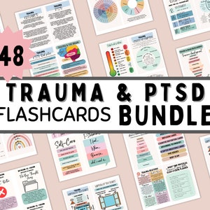 May include: A set of 148 colorful flashcards with the text "TRAUMA & PTSD FLASHCARDS BUNDLE". The flashcards feature illustrations and text related to trauma and PTSD, including topics like self-care, breathing exercises, and grounding techniques.