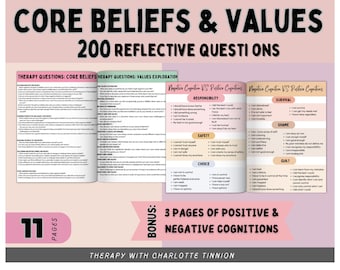 Core beliefs and values exploration, CBT, Core Beliefs Work, cognitive distortions, Core Beliefs Sheets, CBT worksheets, Values Exploration