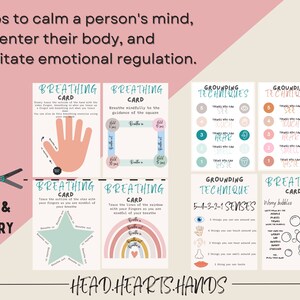 May include: Set of eight printable grounding and breathing cards with colorful illustrations and instructions. The cards feature calming techniques like breathing exercises, tracing shapes, and grounding exercises using the five senses. The cards are designed to help calm a person's mind, re-center their body, and facilitate emotional regulation. The cards are labeled "Cut & Carry" and "Head Hearts Hands".