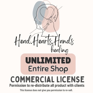 以下が含まれることがあります： 「Head. Hearts. Hands healing」の文字が筆記体で書かれたデジタルグラフィック。テキスト「UNLIMITED Entire Shop COMMERCIAL LICENSE」も含まれています。画像には、心臓と手を持つ頭の線画が描かれています。