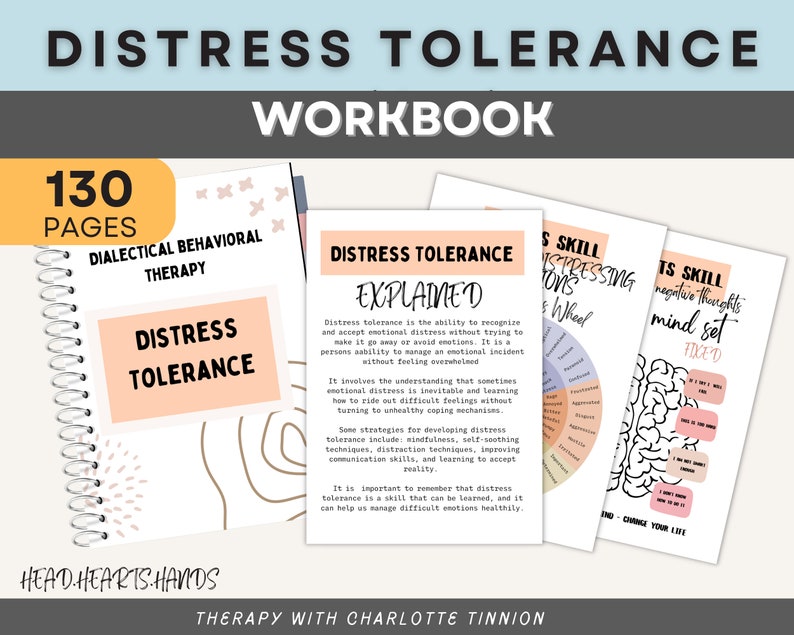May include: A workbook titled "Distress Tolerance Workbook" with a pink and white cover. The cover features the text "130 Pages" and "Dialectical Behavioral Therapy". The workbook is designed to help people learn about and manage distress tolerance.