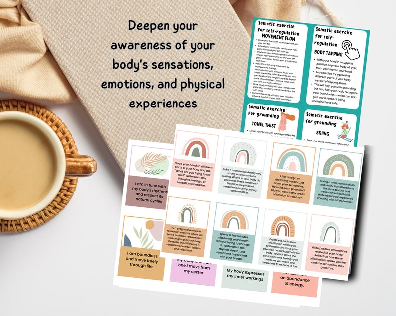 Paquete de tarjetas didácticas de Conciencia Somática, ejercicios para el diario de Conciencia Somática, ejercicios de Terapia Somática, Teoría Polivagal, Terapia para el TEPT, TEPT complejo imagen 3