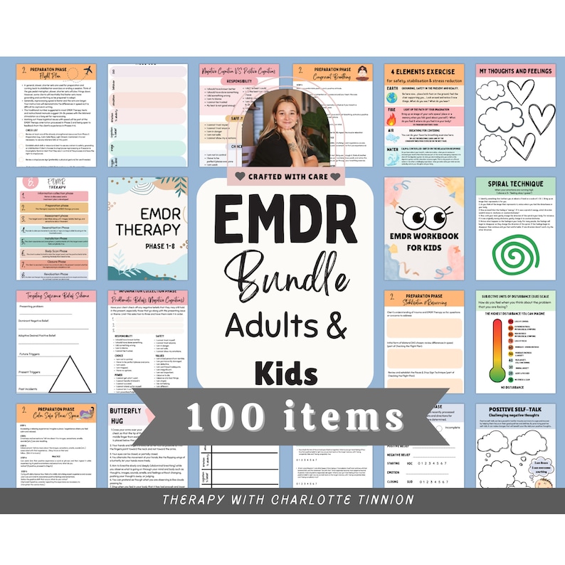 May include: A selection of EMDR therapy resources for adults and children, including workbooks and guides. The image displays the text "EMDR Bundle Adults & Kids" and "100 items". The materials are designed for use in therapy sessions.