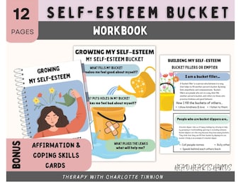 Self-esteem worksheets kids, self-esteem bucket, teen therapy worksheets, affirmations, school counselling resources, confidence worksheet
