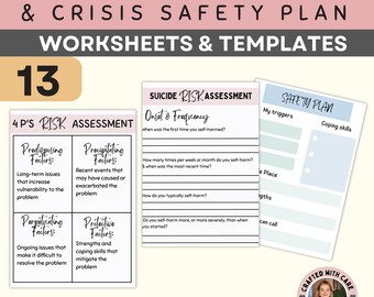 May include: A printable worksheet set for suicide risk assessment and safety planning. The worksheets are titled "4 P's Risk Assessment" and "Suicide Risk Assessment" and "Safety Plan". The worksheets are designed to help individuals identify and manage their risk factors and develop a safety plan.