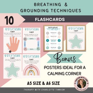 Tarjetas y pósteres de respiración consciente, tarjetas de respiración, rincón de calma, alivio de la ansiedad, herramientas psicológicas, respiración guiada, tarjeta DBT