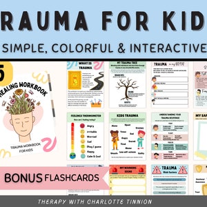 Puede incluir: Una descarga digital colorida para ni&ntilde;os que incluye 55 hojas de trabajo de curaci&oacute;n del trauma y 80 tarjetas de memoria adicionales. Las hojas de trabajo incluyen actividades como un term&oacute;metro de sentimientos, un &aacute;rbol del trauma y una actividad de espacio seguro. El texto "Trauma for Kids" est&aacute; en una fuente grande y en negrita en la parte superior de la imagen.