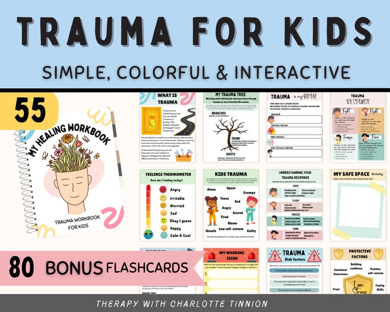 Puede incluir: Una descarga digital colorida para ni&ntilde;os que incluye 55 hojas de trabajo de curaci&oacute;n del trauma y 80 tarjetas de memoria adicionales. Las hojas de trabajo incluyen actividades como un term&oacute;metro de sentimientos, un &aacute;rbol del trauma y una actividad de espacio seguro. El texto "Trauma for Kids" est&aacute; en una fuente grande y en negrita en la parte superior de la imagen.