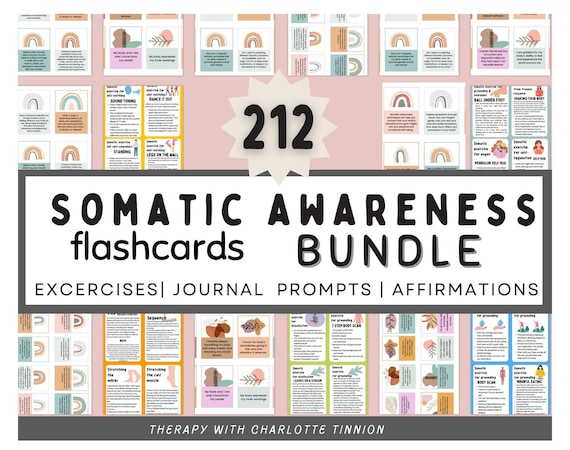 Somatic Awareness flashcard bundle, somatic awareness journal prompts, Somatic Therapy Exercise, Polyvagal Theory, PTSD Therapy, cptsd