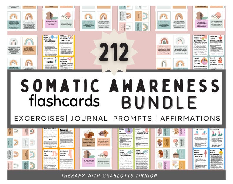 Somatic Awareness flashcard bundle, somatic awareness journal prompts, Somatic Therapy Exercise, Polyvagal Theory, PTSD Therapy, cptsd