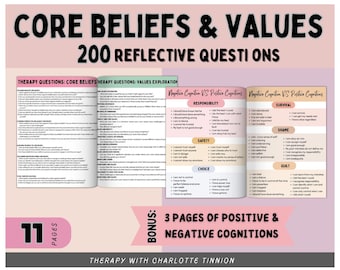 Core beliefs and values exploration, CBT, Core Beliefs Work, cognitive distortions, Core Beliefs Sheets, CBT worksheets, Values Exploration
