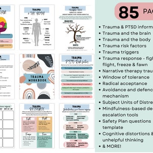 Op de afbeelding: Een digitale werkmap met 85 pagina's informatie over trauma en PTSS. De pagina's bevatten kleurrijke graphics en tekst, waaronder secties over de hersenen, het lichaam, triggers en reactiemechanismen. De werkmap bevat ook een lijst met onderwerpen zoals narratieve therapie.