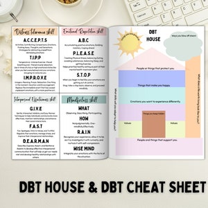 May include: A DBT House and Cheat Sheet with a colorful house graphic and a list of skills for managing emotions, distress, and interpersonal relationships. The skills are organized into categories such as Distress Tolerance, Emotional Regulation, Mindfulness, and Interpersonal Effectiveness.