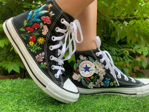 Converse Custom Chuck Etsy Converse Embroidery, Taylor Custom Converse Embroidered Sunflower 1970s Converse Wedding - Embroidery Shoes Customs