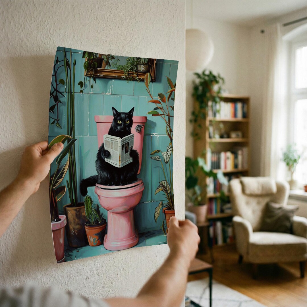 Funny Black Cat Reading Newspaper Wall Art, Quirky Retro Bathroom Decor ...