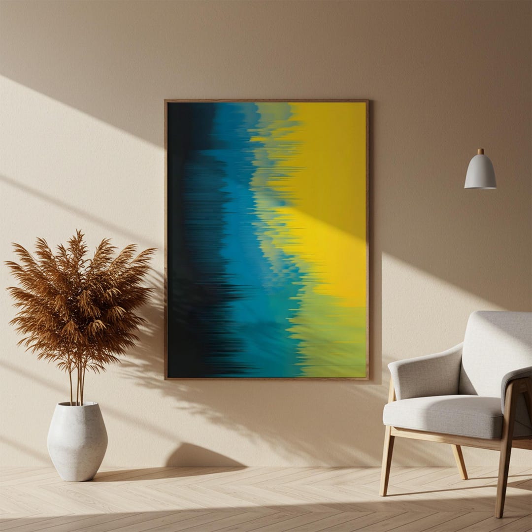 Abstract Blue and Yellow Wall Art, Vibrant Digital Glitch Print, Modern ...