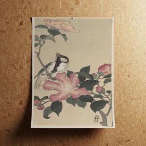 May include: A vintage-style print featuring a bird perched on a flowering branch. The artwork showcases a bird with black and white markings, surrounded by pink blossoms and green leaves. The background is a neutral beige color.