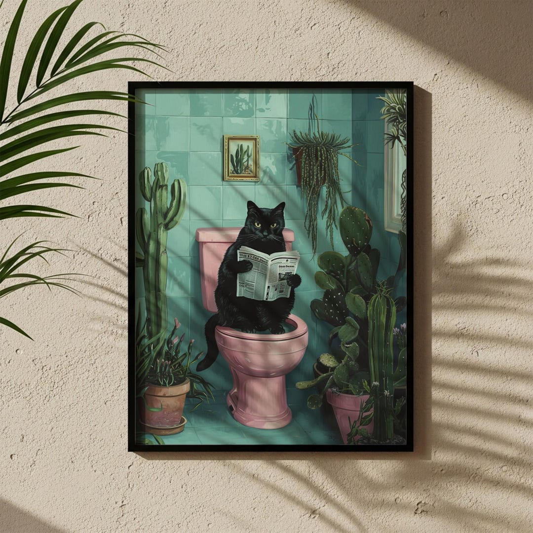 Funny Black Cat Bathroom Wall Decor, Retro Teal and Pink Toilet Art ...