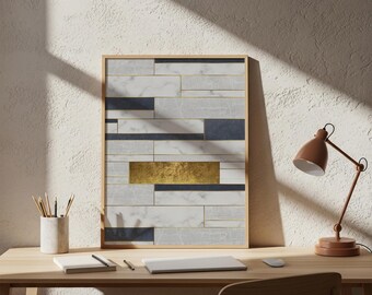 Modern Abstract Geometric Wall Art, Navy Blue Gold Luxury Print, Marble Texture Decor, Contemporary Office Gift, Poster, Framed Poster