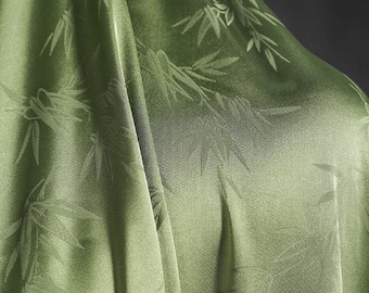 Green Satin Fabric,Bamboo Leaf Fabric,Satin Fabric,Printed Fabric,Soft Fabric,Summer Dress Fabric,Fabric By 1/2 Yard,White Satin Fabric