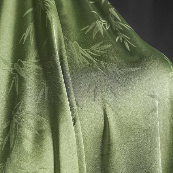 Green Satin Fabric,Bamboo Leaf Fabric,Satin Fabric,Printed Fabric,Soft Fabric,Summer Dress Fabric,Fabric By The Yard,White Satin Fabric