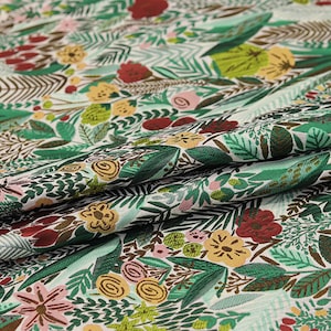 Bekledingsstof met bloemen, Tafelkleedstof, Bloemenstof, Groene stof, Zachte stof, Kledingstof, Op maat gesneden stof, Bekledingsstof