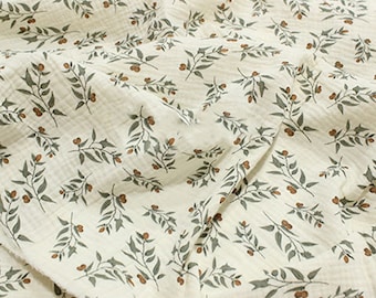 Cotton Double Gauze Fabric, Olive Branch Leaf Print, Brown Berry Floral Fabric, Soft Muslin Cloth for Baby Blanket, Sewing DIY by 1/2 Yard