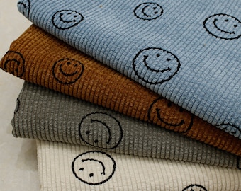 Smiley Face Corduroy Fabric,Pillow Fabric,Blue Fabric,White Fabric,Corduroy Fabric,Printed Fabric,Soft Fabric,Dress Fabric,Fabric By 1/2Yard