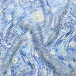 May include: Blue and white fabric with a swirling pattern reminiscent of a starry night sky.