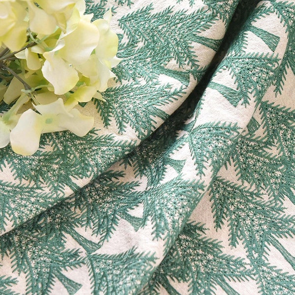 Pine Tree Cotton Linen Fabric,Green Fabric,Pine Tree Fabric,Embroidered Fabric,Soft Fabric,Dress Fabric,Fabric By Yard,Cotton Linen Fabric