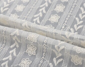 Flower Chiffon Fabric,White Chiffon Fabric,White FlowerEmbroidered Flower Fabric,Soft Fabric,Summer Dress Fabric,Fabric By 1/2 Yard