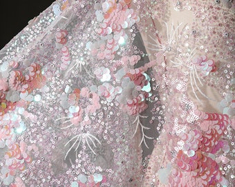 Tela de encaje con lentejuelas, tela de malla de tul para bodas, tela con flores, tela para bodas, tela para vestidos de novia, tela rosa, tela cortada a medida, tela de encaje
