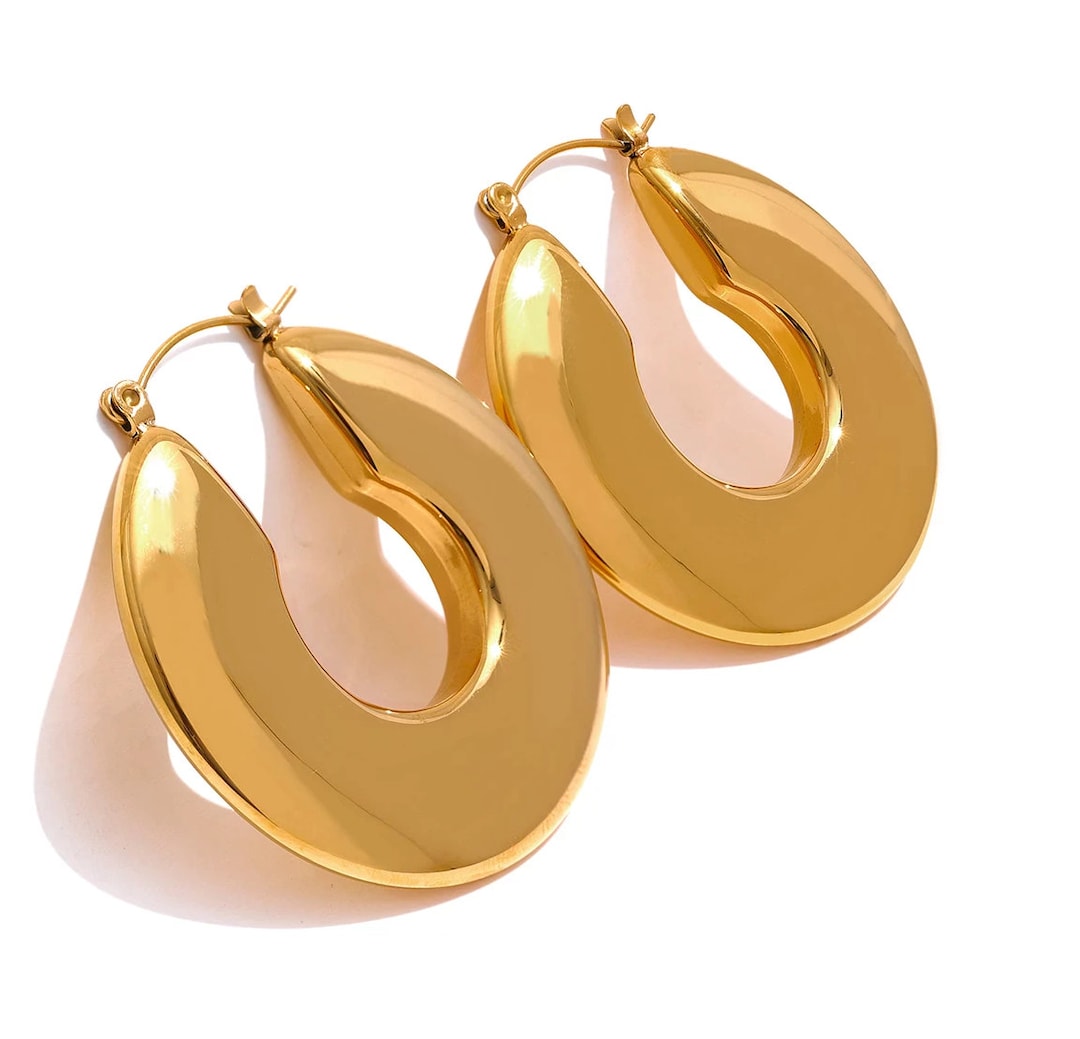 Large Thick Chunky Gold Hoop Earrings 18kt Gold WATERPROOF Etsy