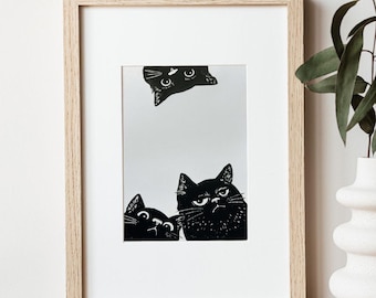 Three Cats looking at you, love cats, art linocut print, Handmade Linocut unique linoprint, Original Hand Carved, signed gift for Easter