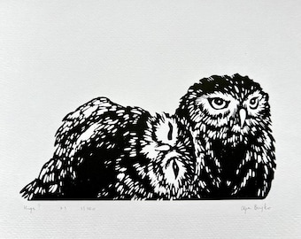 linocut owls print, love couple hugs, Handmade Linocut  Original Hand Carved, easter gift, a4, signed edition