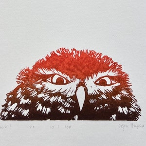 Tricky Owl linocut block print, autumn pumpkin Halloween Handmade carved original gift for him her, a4, signed edition