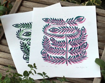 Eyes and leaves, botanical art hand print, linoleum, fantasy plant, Handmade Linocut Print, original gift, a4, signed edition, engraving