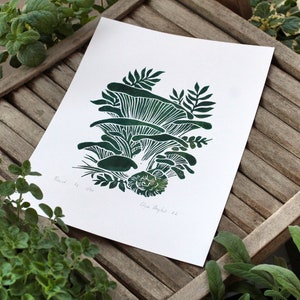 mushrooms art linoptint, Original Hand Carved linocut, gift for him for her, a4, signed edition