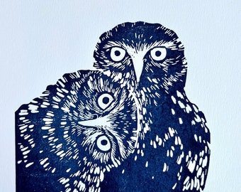 Owls, hugs, love owls, cozy couple, art lino print, Handmade Linocut unique Print, Original Hand Carved, gift, signed gift for Christmas