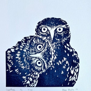 Owls, hugs, love owls, cozy couple, art lino print, Handmade Linocut unique Print, Original Hand Carved, gift, signed gift for Christmas