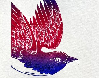 Linocut Print Flying bird linoprint blockprint colourful purple green black, original hand carved gift, a4,  signed edition, home decor