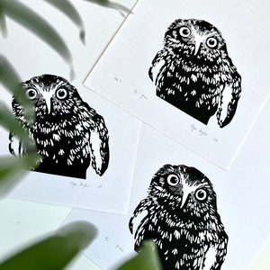 Owl, love owls, blue bird, art print, Handmade Linocut Print, Original Hand Carved, original gift, a4, signed edition, unique print