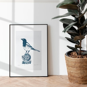 Linocut Print Magpie and shell, Birds, Blue bird, art print Handmade, Original Hand Carved, original gift, a4, signed edition