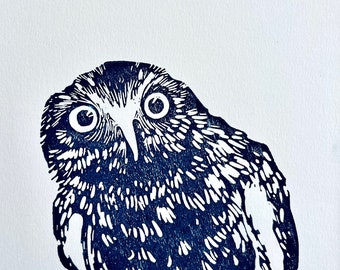 Owl, love owls, blue bird, art print, Handmade Linocut Print, Original Hand Carved, original gift, a4, signed edition, unique print