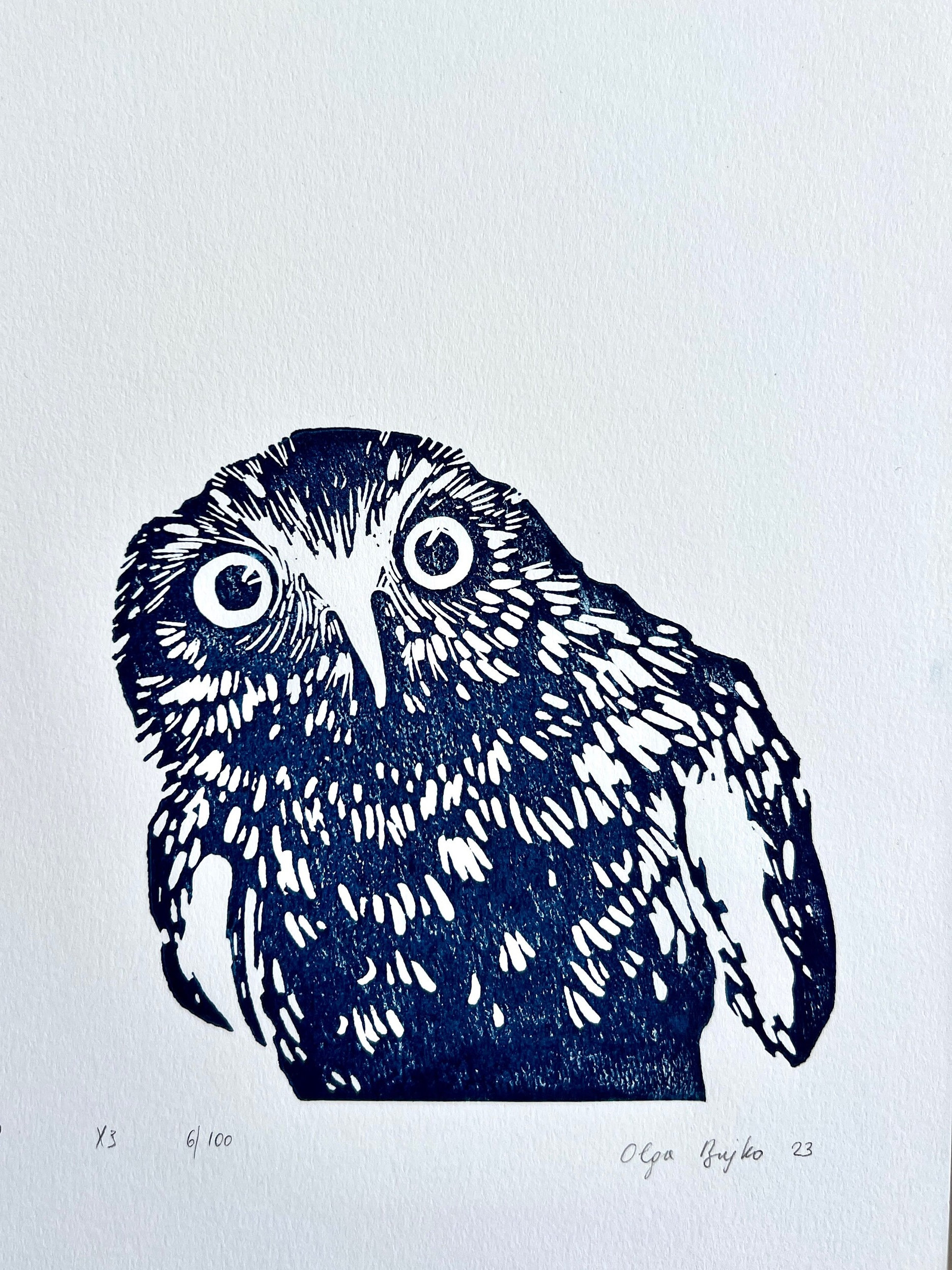 Owl, love owls, blue bird, art print, Handmade Linocut Print, Original Hand Carved, original gift, a4, signed edition, unique print