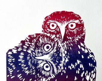 Owls, love owls, couple, art print Handmade Linocut uniqe Print, Original Hand Carved, easter gift, a4, signed edition free shipping