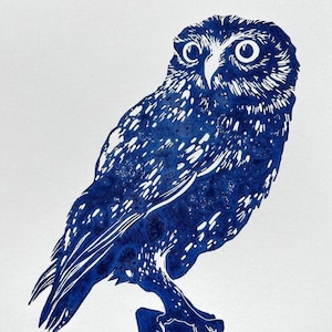 The Owl, love owlet, the blue bird, linoleum art lino print, Handmade Linocut, Original Hand Carved, st valentines gift, a4 signed edition